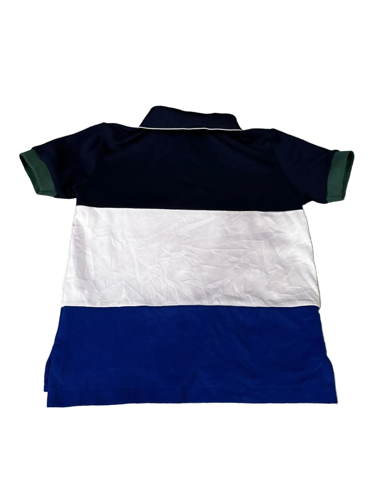 A short-sleeve polo shirt featuring three horizontal color blocks: navy blue on top, white in the middle, and royal blue on the bottom, with dark green sleeve trim.