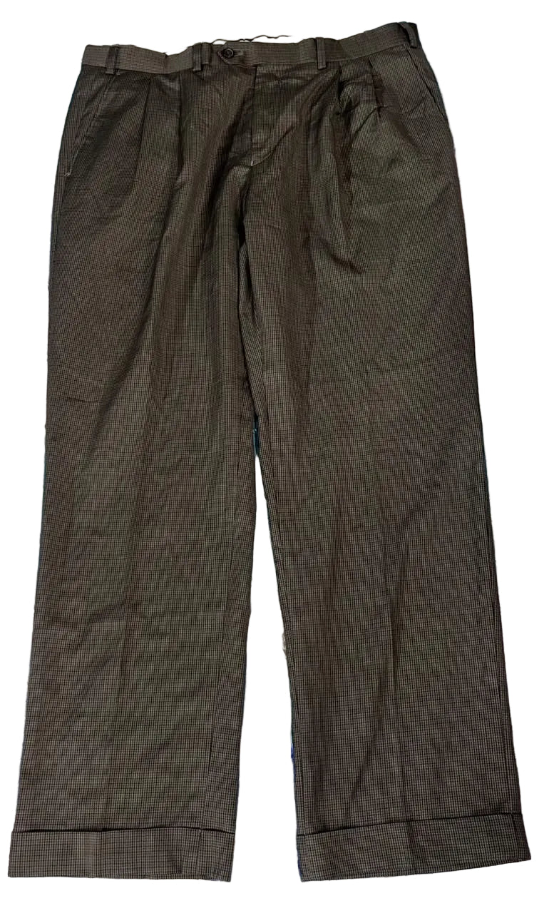 A pair of dark brown pleated trousers 