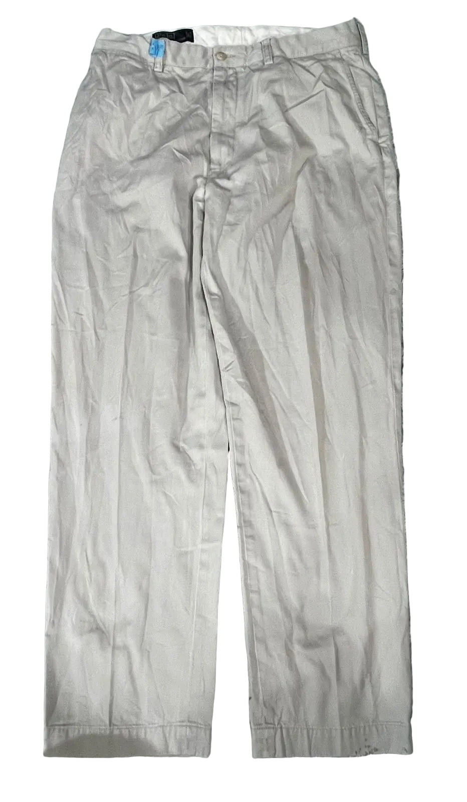 A pair of light beige or khaki cropped pants on the white background