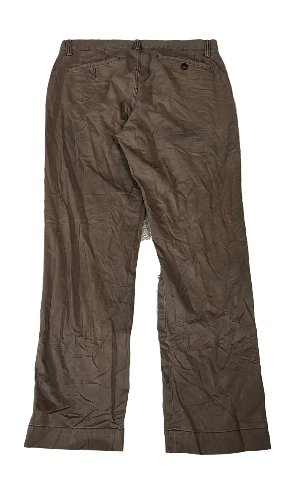 A pair of brown trousers showing the back waistband, belt loops, and back pockets.