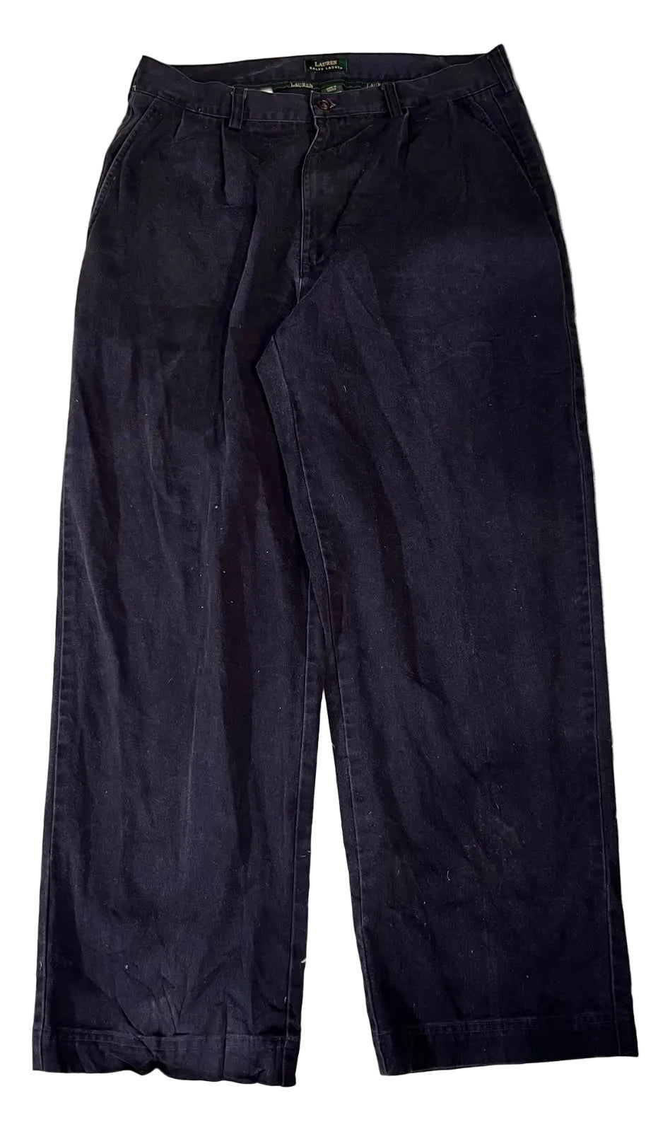 A pair of dark navy blue wide-leg pants  on the white background