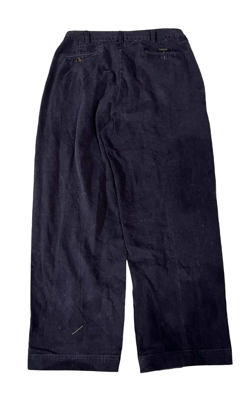 A pair of faded black wide-leg denim pants showing the back pockets and waistband.