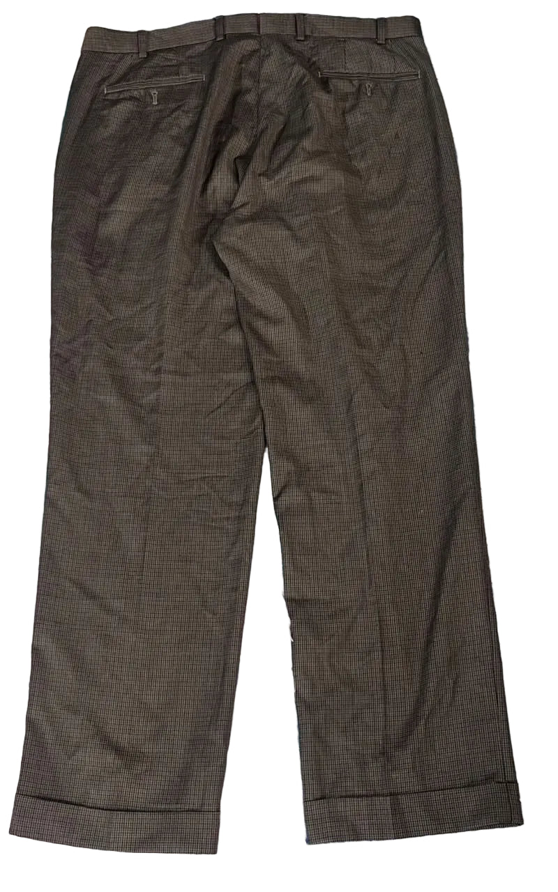 A pair of dark brown trousers with a subtle micro-check pattern, 