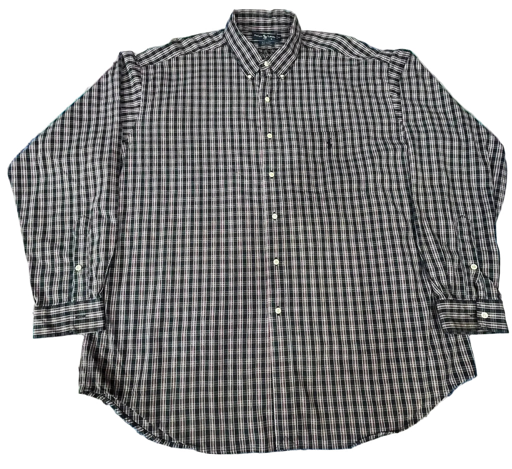 A long-sleeve button-down shirt with a black and white micro-check pattern, 