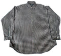 A long-sleeve button-down shirt with a black and white micro-check pattern, 