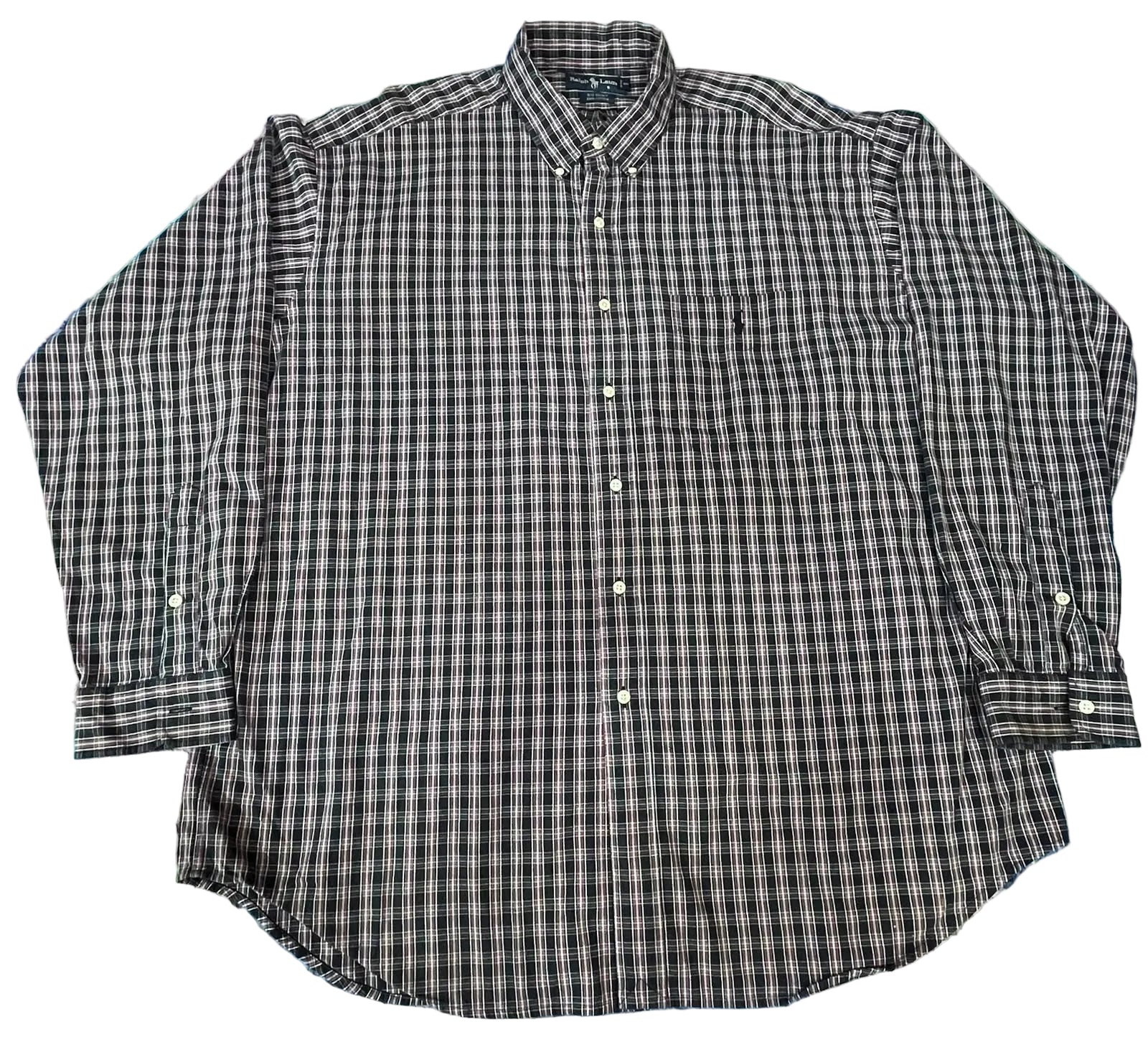 A long-sleeve button-down shirt with a black and white micro-check pattern, 