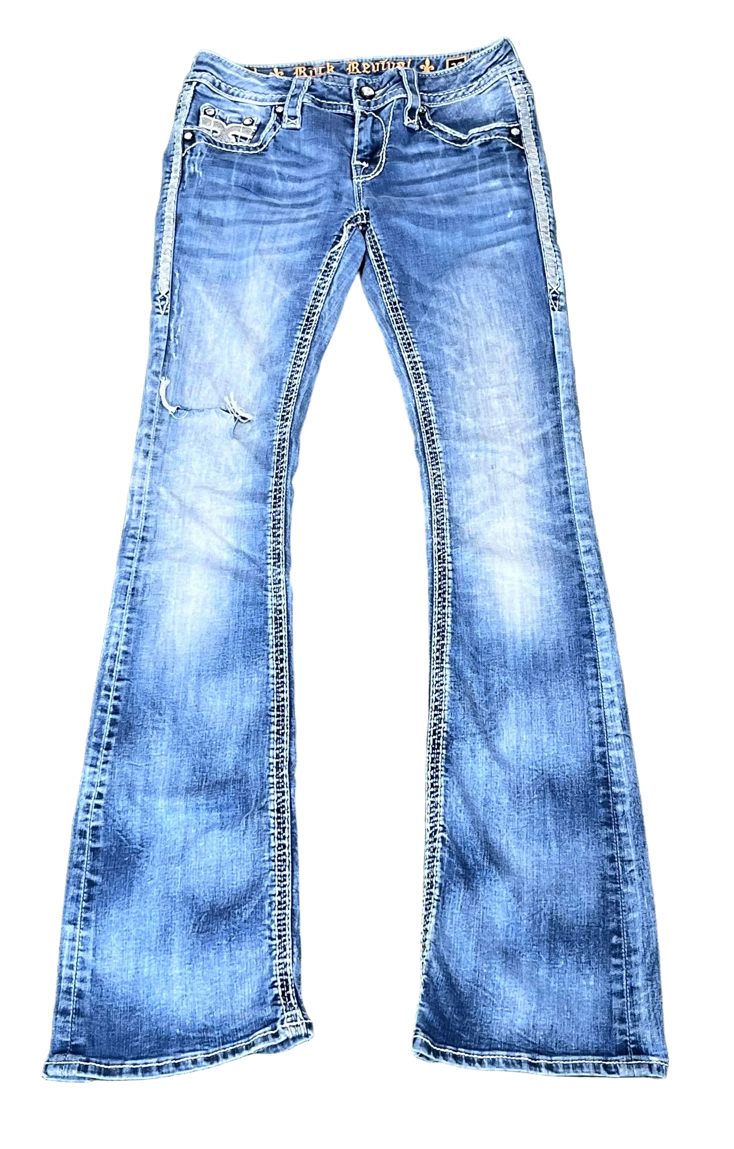 ROCK REVIVAL WOMEN JEANS ON A WHITE PLAIN BACKGROUND 