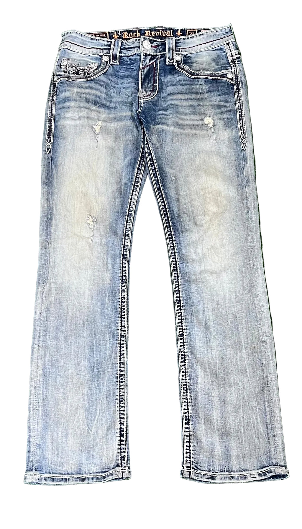 ROCK REVIVAL WOMEN JEANS ON A WHITE PLAIN BACKGROUND 
