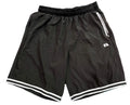 Black athletic shorts with white stripe details on the sides and hem, featuring a white logo on the left leg,
