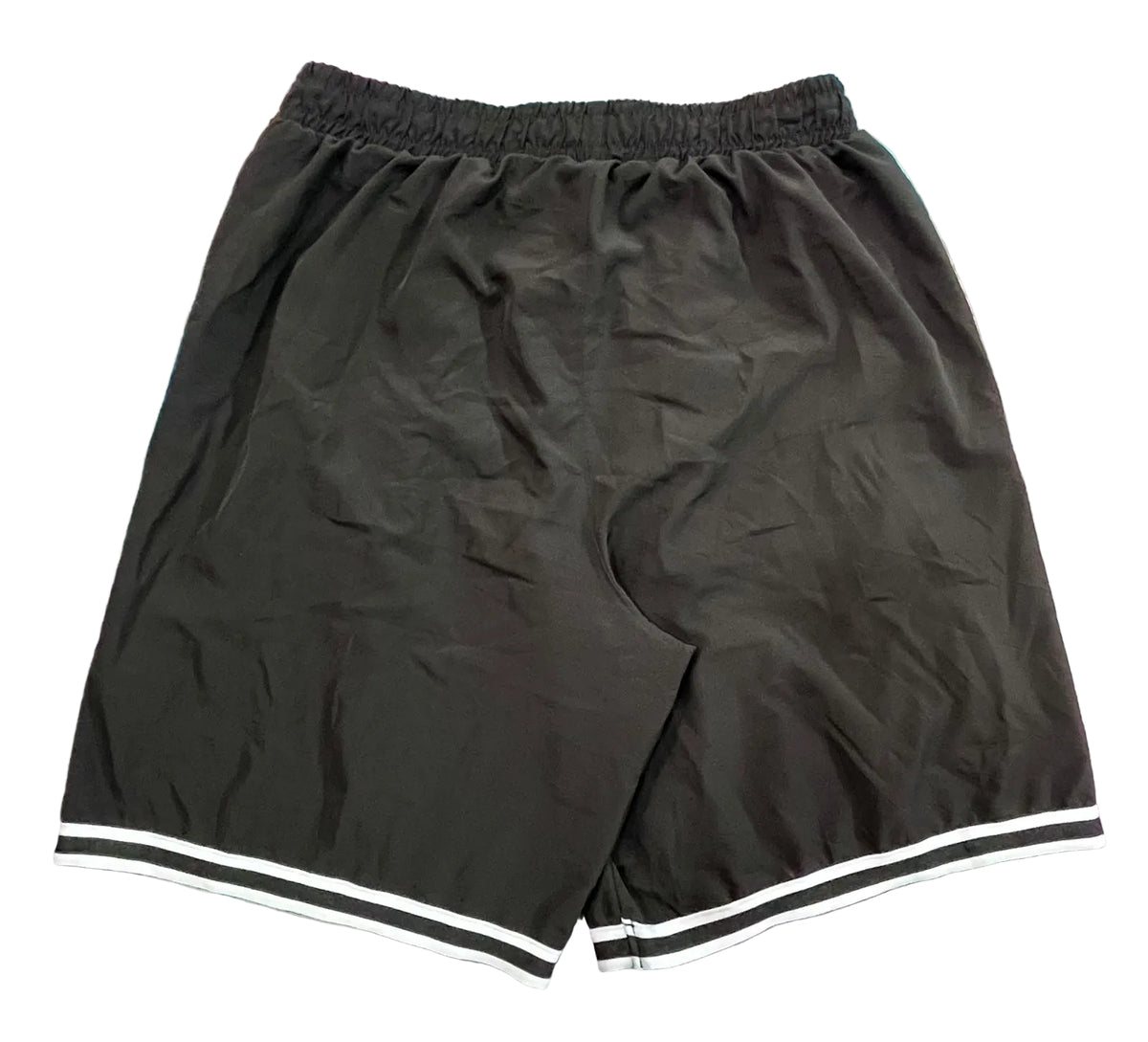 Black athletic shorts with a white double stripe detail along the hem,
