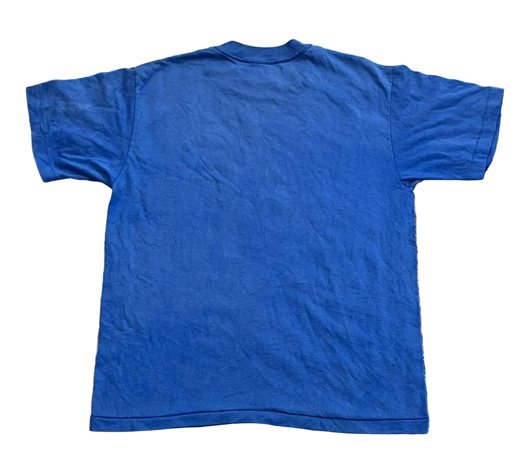 A plain blue short-sleeve t-shirt ON THE WHITE BACKGROUND