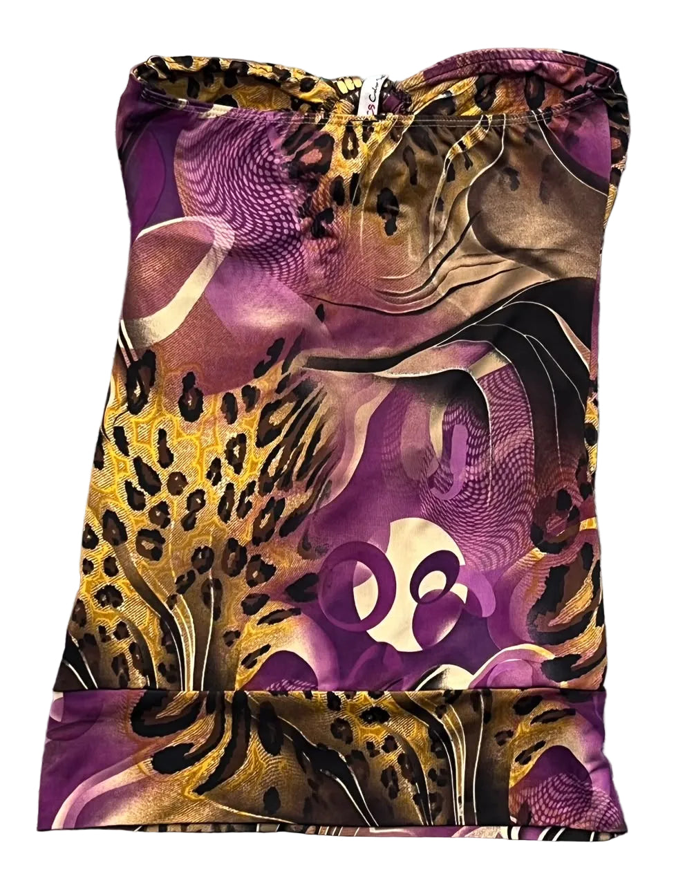 A strapless tube top with an abstract, multicolor print featuring purple, gold, black, and brown leopard and swirl patterns, 
