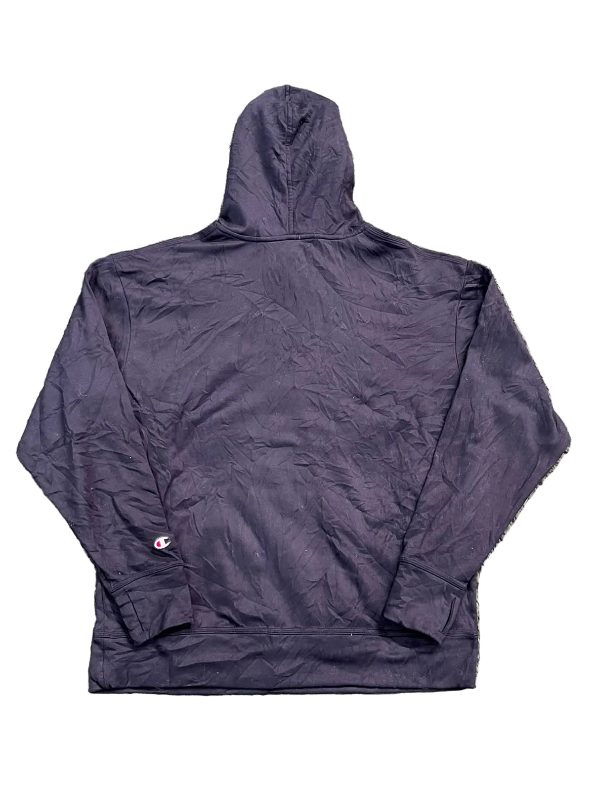 A black Champion hooded jacket showing the back view with a small embroidered Champion logo on the left sleeve cuff.