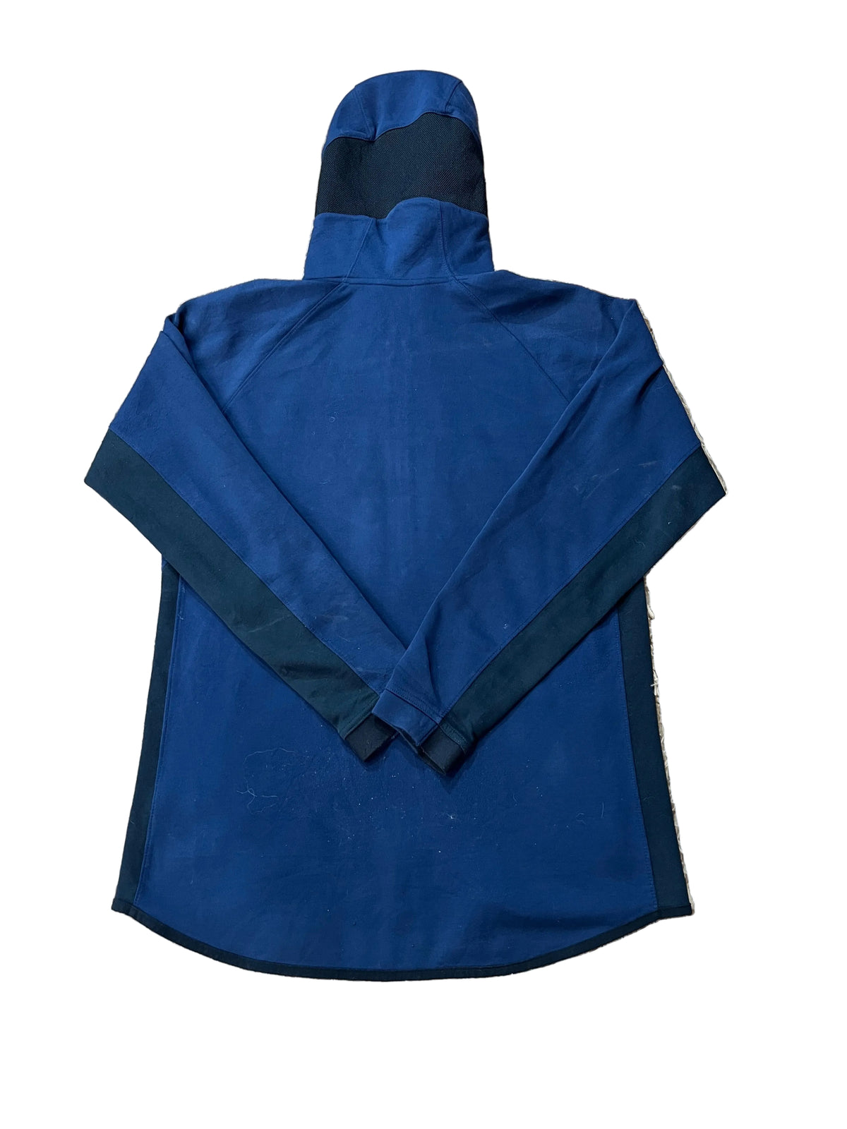 A navy blue hooded garment or robe with black trim, 