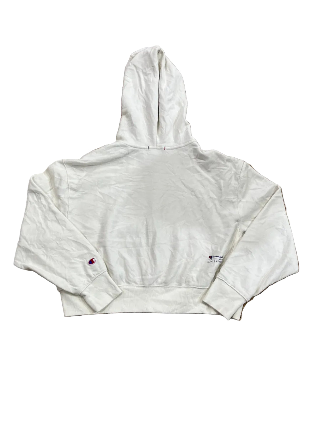 A white vintage Champion men's short-sleeve shirt with a collar and a small embroidered logo on the chest,
