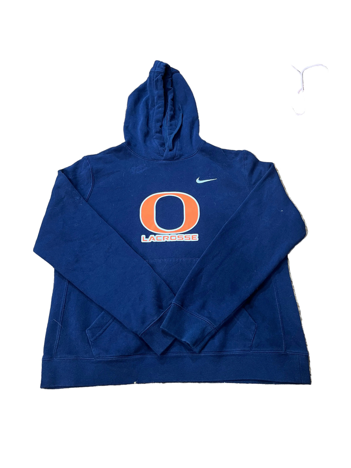 A navy blue Nike hoodie featuring an orange and white 'O LAEROSE' graphic on the chest, 