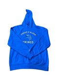 A bright blue pullover hoodie with 'COEUR D'ALENE VIKINGS' and a Viking logo printed in white on the chest, 