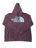 A maroon pullover hoodie with a white 'THE NORTH FACE' logo printed on the chest, 