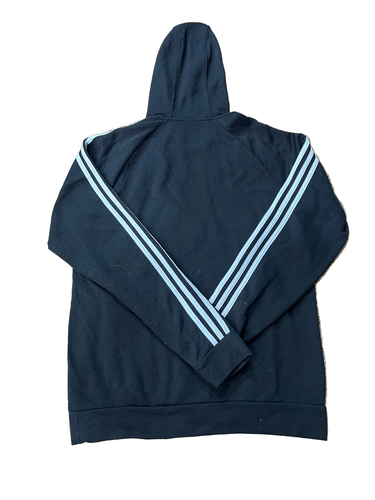 A black hooded sweatshirt , featuring three light blue stripes running along both shoulders and down the sleeves.