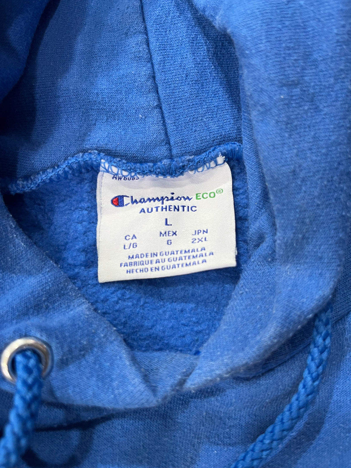 Close-up of the inside neck label of a blue Champion hoodie, showing the Champion Eco Authentic brand tag and size information.