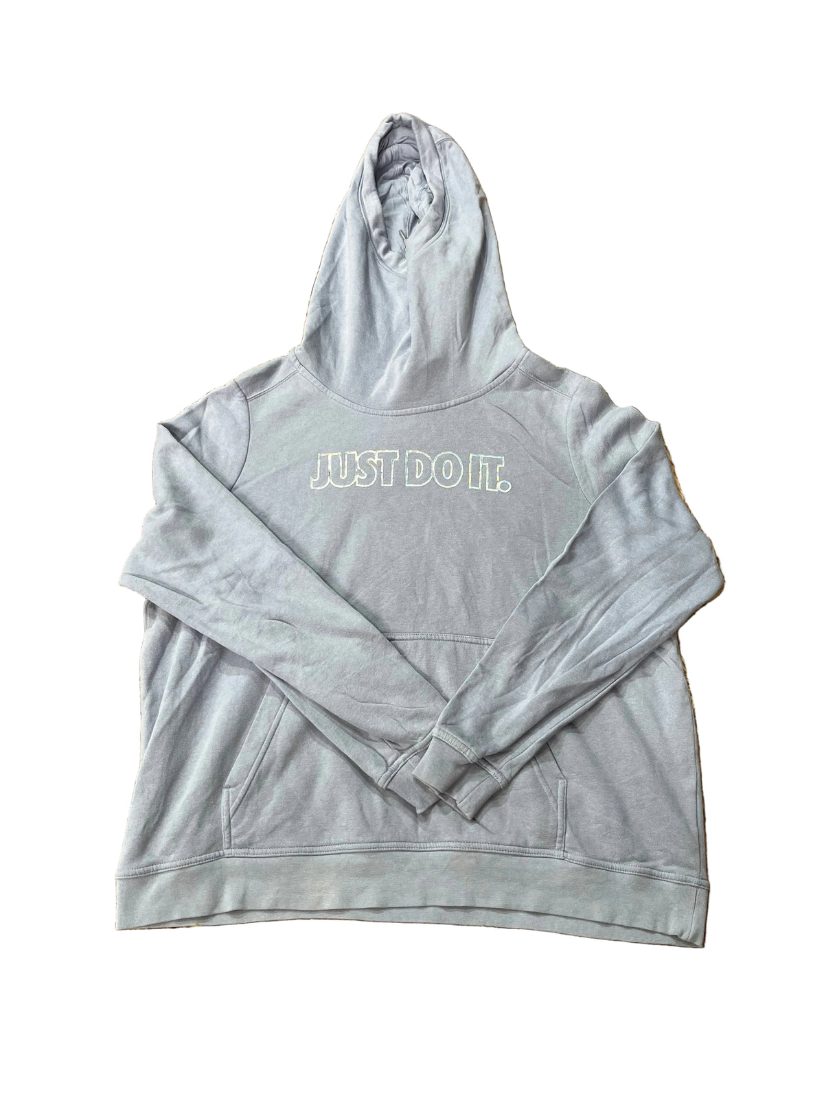 A light gray pullover hoodie with 'JUST DO IT.' printed across the chest in a white outlined font,