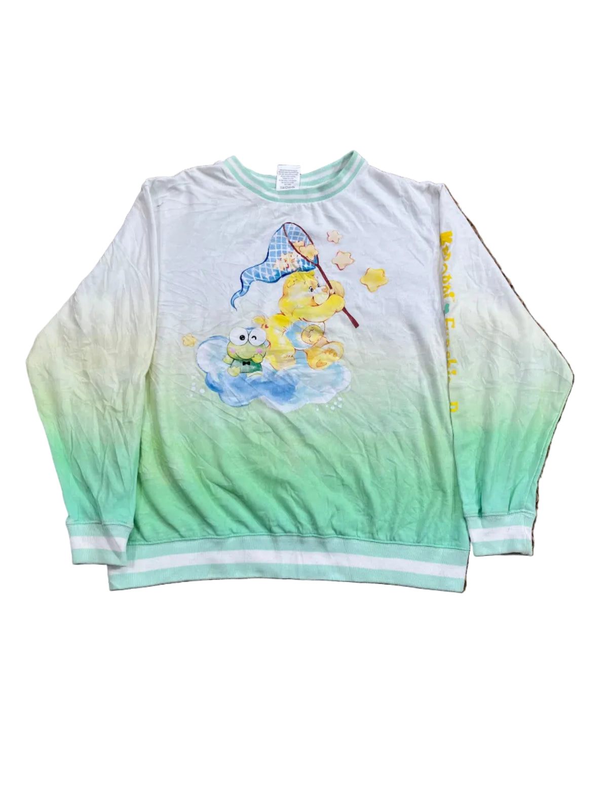 A pair of women's high-waisted briefs featuring a mint green and white ombre gradient design with a cartoon mermaid graphic on the front,