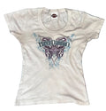 A white Harley-Davidson short-sleeve t-shirt with a large graphic on the front The graphic features a purple and blue butterfly design with the Harley-Davidson logo in the center.