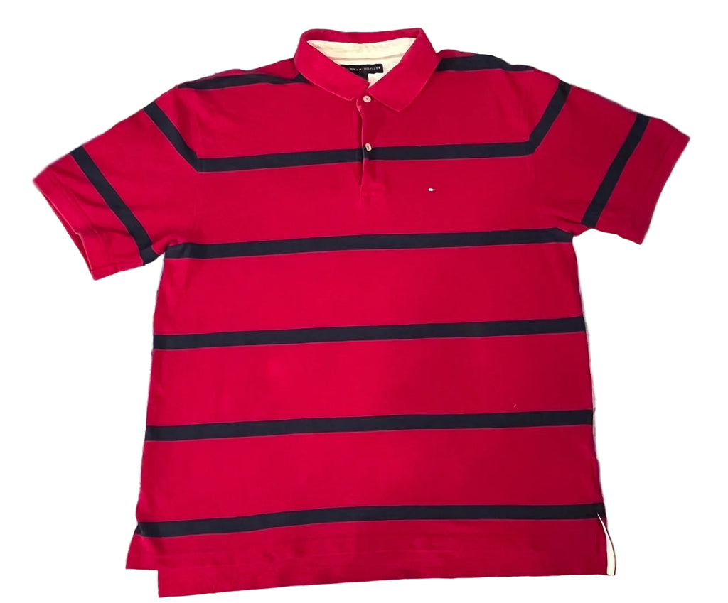 A red short-sleeve polo shirt with horizontal black stripes