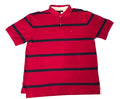 A red short-sleeve polo shirt with horizontal black stripes