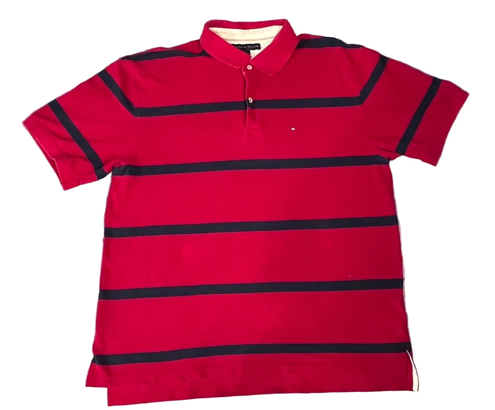 A red short-sleeve polo shirt with horizontal black stripes