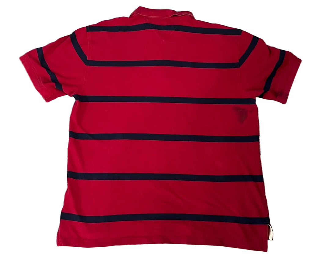 A red short-sleeve polo shirt with horizontal navy blue stripes,