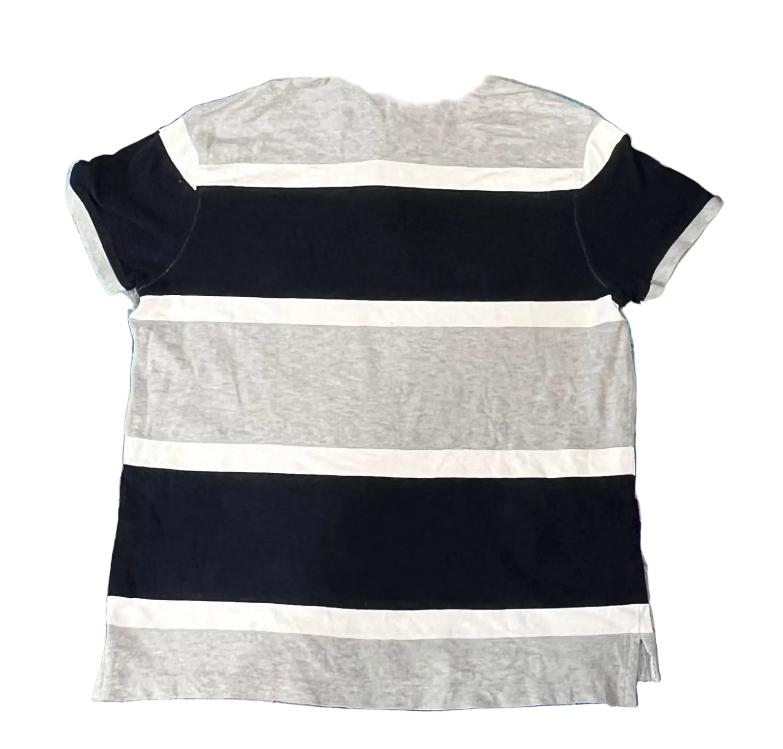 A short-sleeve polo shirt with horizontal stripes in black, light gray, and white