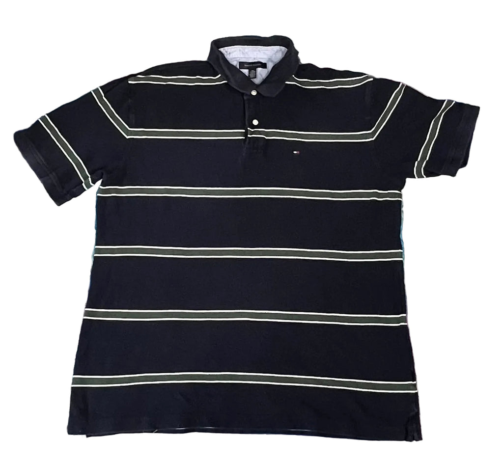 A short-sleeve polo shirt with horizontal stripes in black and light beige, 