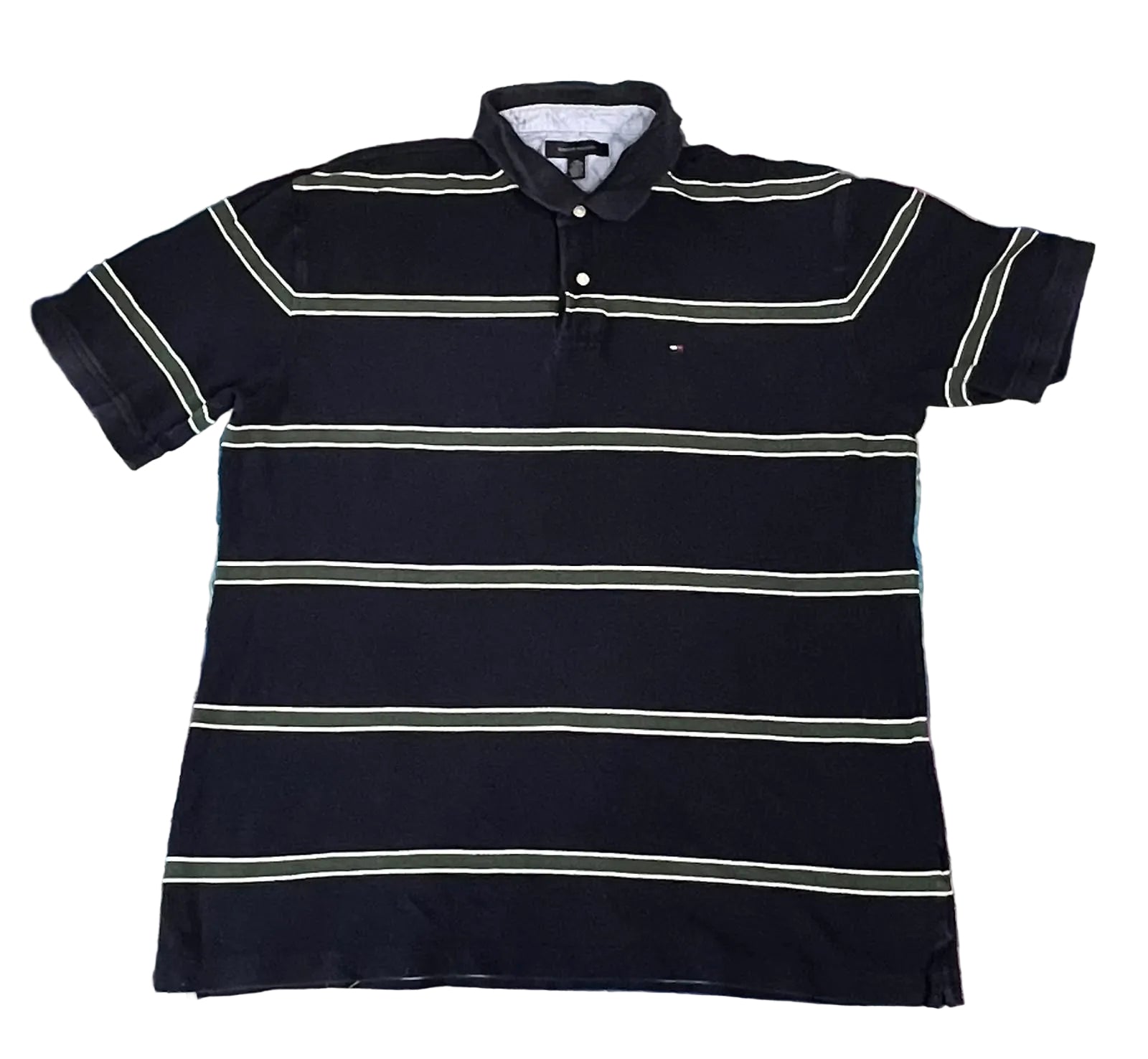 A short-sleeve polo shirt with horizontal stripes in black and light beige, 