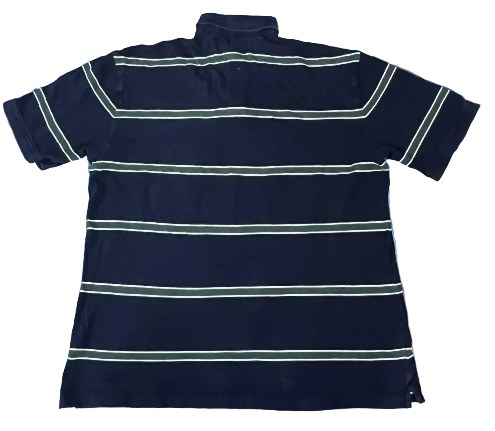 A short-sleeve polo shirt with horizontal stripes in black and light green,