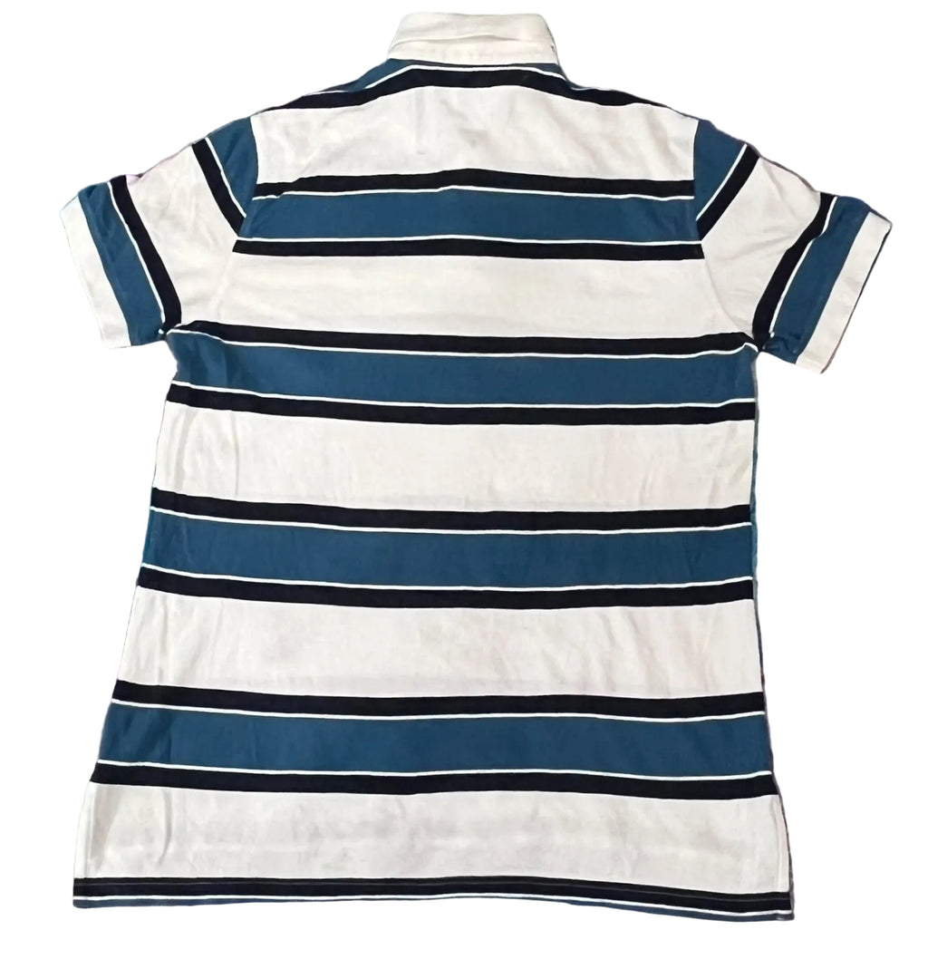 A short-sleeve polo shirt with horizontal stripes in white, dark blue, and black, 