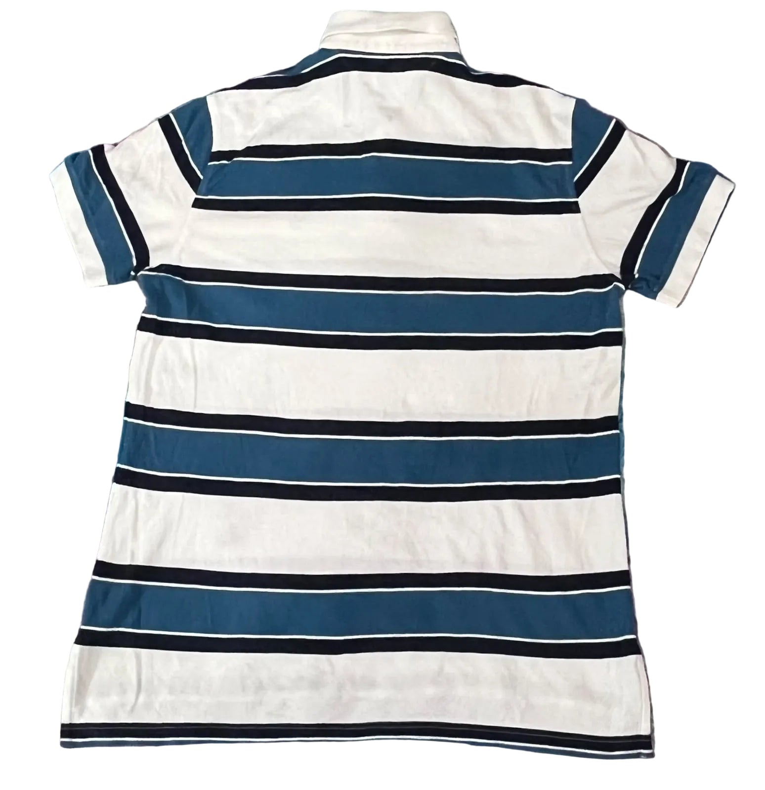 A short-sleeve polo shirt with horizontal stripes in white, dark blue, and black, 