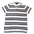 A Tommy Hilfiger striped polo shirt with horizontal navy, white, and gray stripes, 