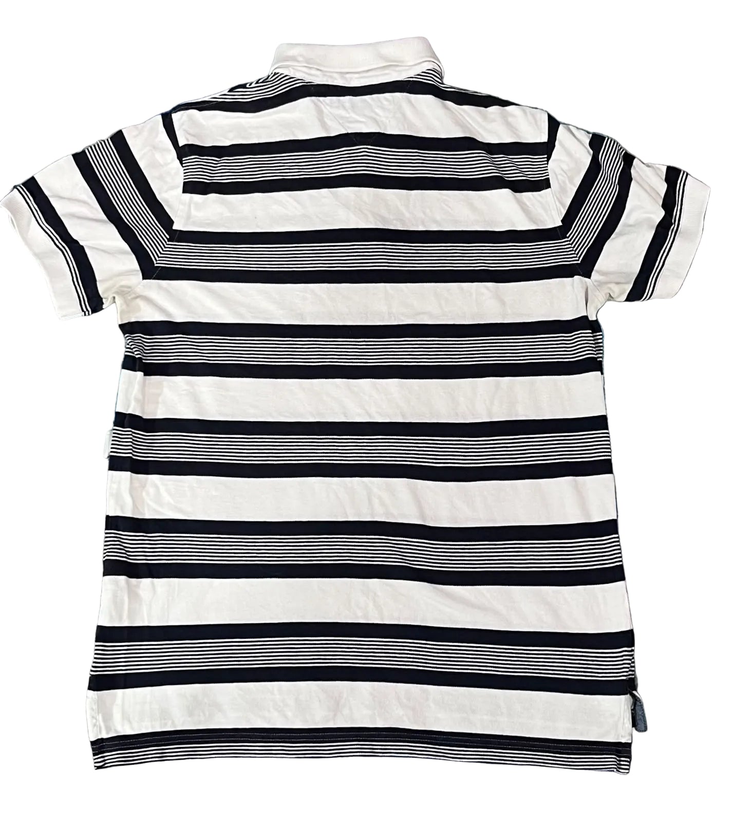 A short-sleeve polo shirt with horizontal black and white stripes, 