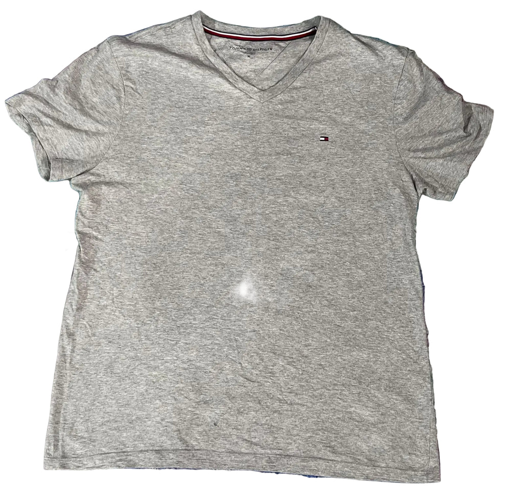 A heather gray Tommy Hilfiger short-sleeve v-neck t-shirt 