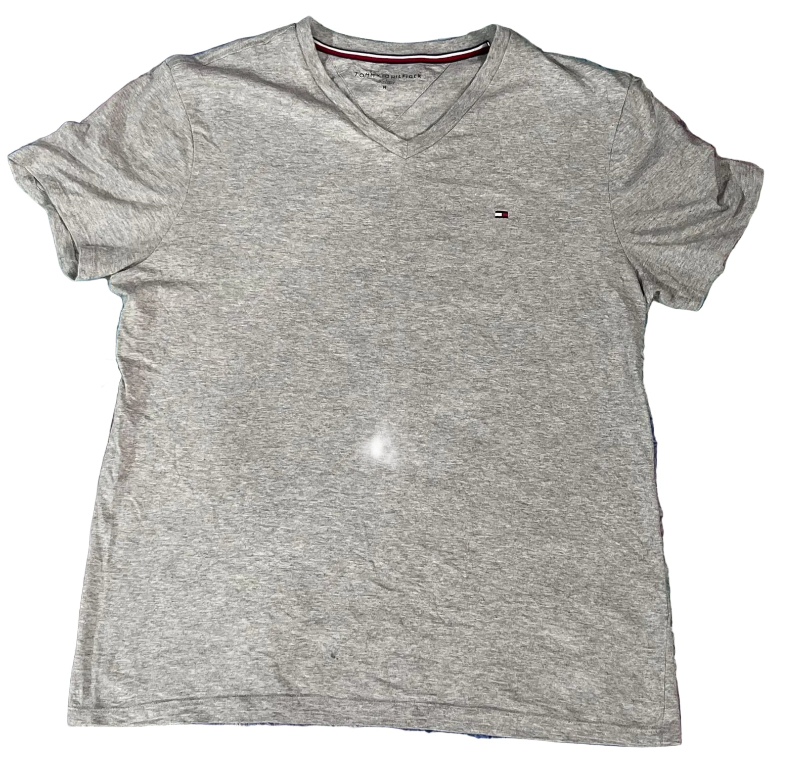 A heather gray Tommy Hilfiger short-sleeve v-neck t-shirt 