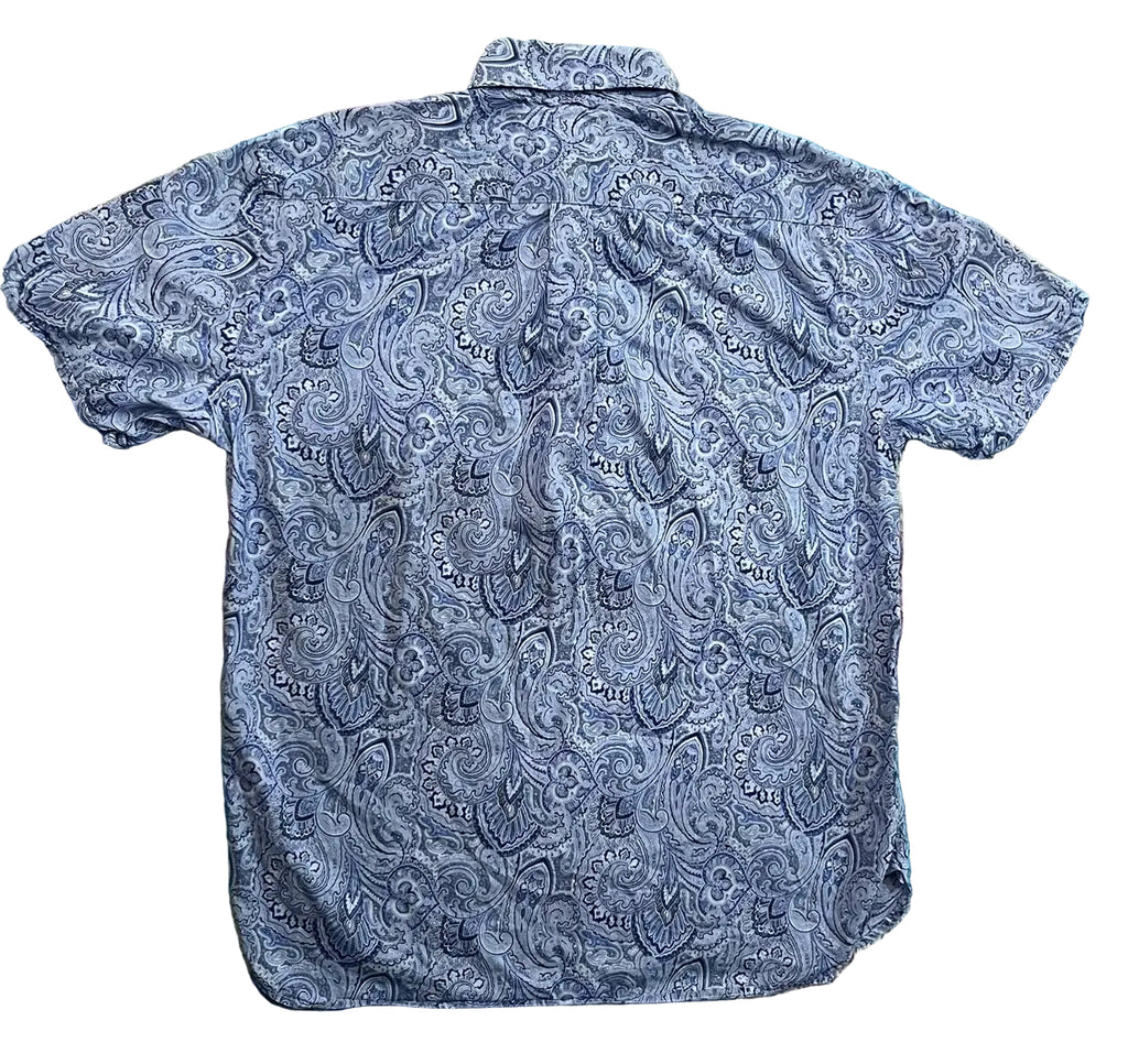 A short-sleeve button-up shirt with a blue and gray paisley pattern, 