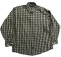 A long-sleeve button-down plaid shirt in dark olive green and black,
