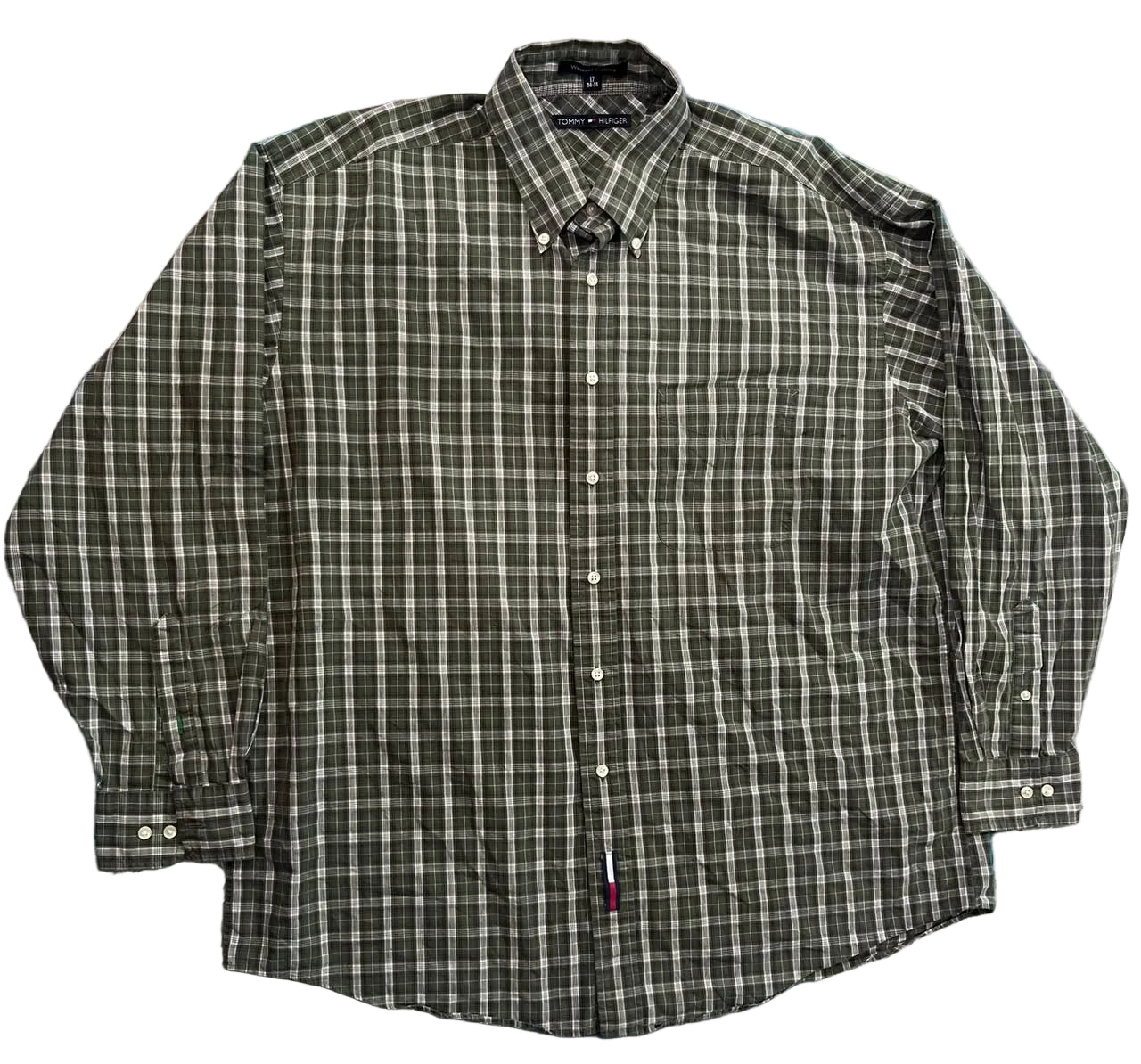 A long-sleeve button-down plaid shirt in dark olive green and black,