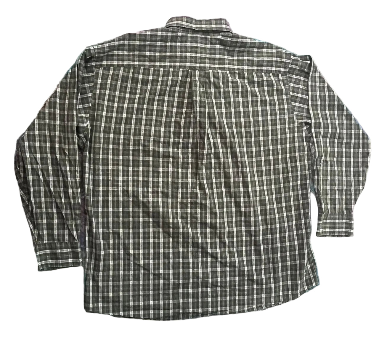 A long-sleeve plaid button-up shirt  The shirt features a dark gray and white checkered pattern.