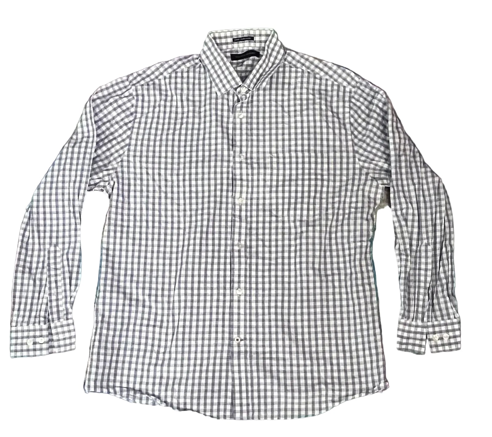 A long-sleeve button-down shirt with a small white and gray gingham check pattern,