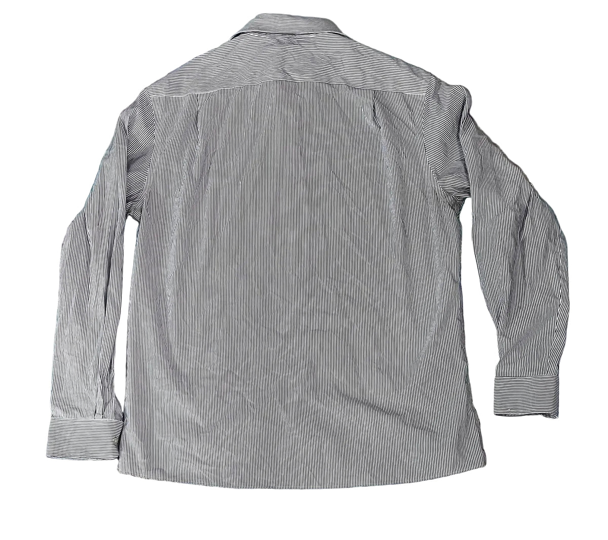 A light gray long-sleeve button-down shirt. The back of the shirt is shown, featuring a subtle vertical textured stripe pattern and a small yellow tag near the top left corner.