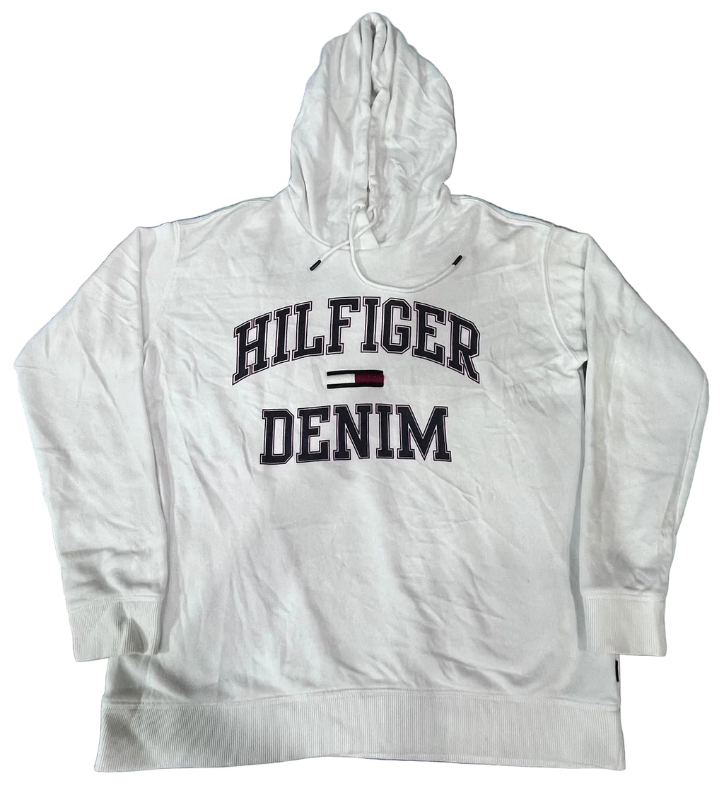 A white pullover hoodie with 'HILFIGER DENIM' printed on the chest,  The hoodie features the classic Tommy Hilfiger flag logo in red, white, and blue.