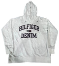 A white pullover hoodie with 'HILFIGER DENIM' printed on the chest,  The hoodie features the classic Tommy Hilfiger flag logo in red, white, and blue.