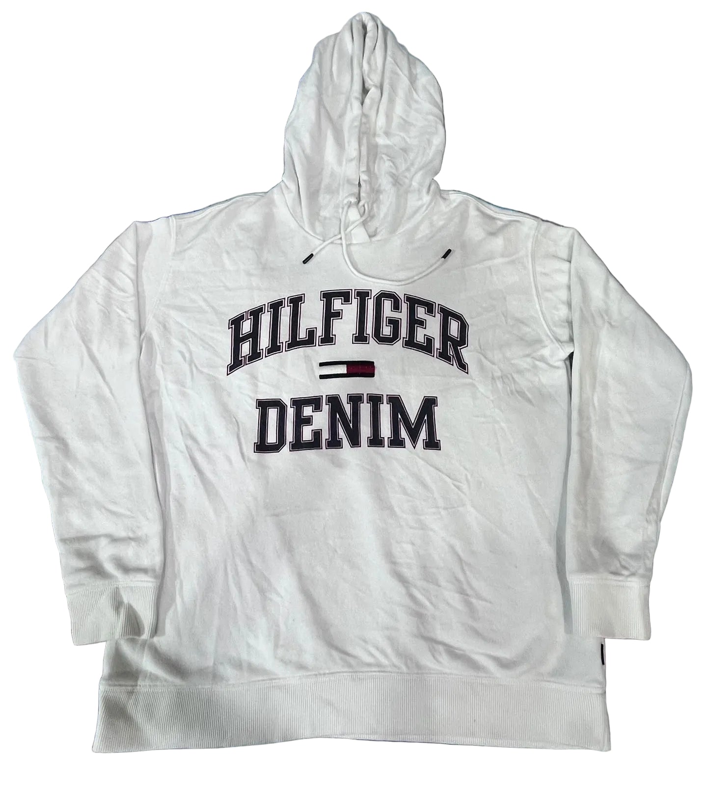 A white pullover hoodie with 'HILFIGER DENIM' printed on the chest,  The hoodie features the classic Tommy Hilfiger flag logo in red, white, and blue.